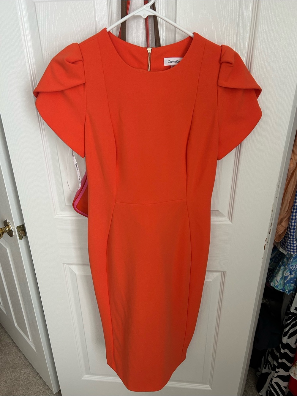 Calvin Klein Bright Orange Midi Dress with Puff Cap Sleeves